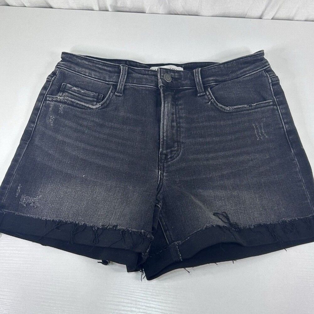 Flying Monkey Black label Black Denim Shorts 30 Stretch Distressed Womens New